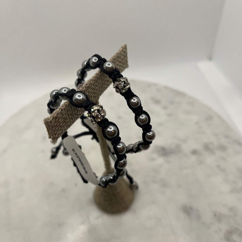Boho Beaded Cord‎ Bracelet Set Knot Express Black Rhinestone Gray Pearl 2pc New